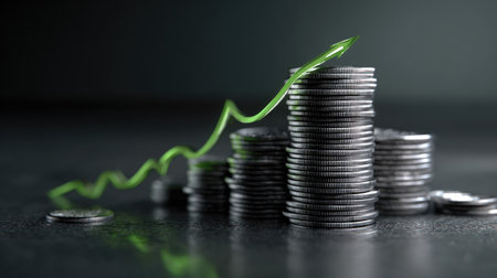 3D render of dollar coin towers with a smooth green arrow curving upward, concept of profit growth, wealth, and success in financeの素材