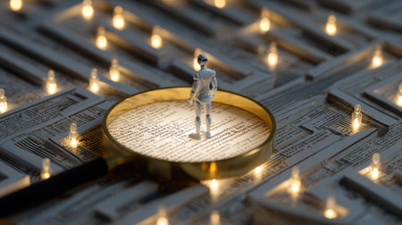 Robotic figure investigating details of a document with magnifying glass, surrounded by futuristic circuits and illuminated lightbulb mazeの素材