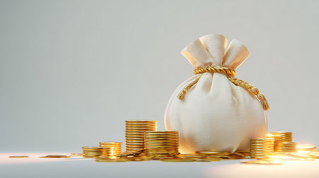 3D cartoon-style money bag and coins arranged neatly on a clean table surface, bright lighting, financial success conceptの素材