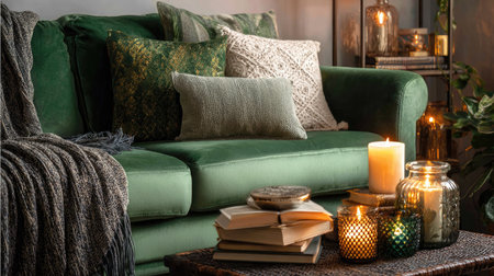 Warm-toned living room interior with a green sofa, decorative cushions, cozy blanket, books, and candles creating a peaceful cornerの素材