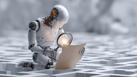 Futuristic robot researcher studying a paper with magnifying glass, lightbulb maze representing innovation and automation technology in the backgroundの素材