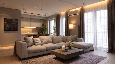 Modern living room interior in a cozy apartment, featuring neutral tones, soft lighting, and minimalist furniture, captured in bright wide-angle photographyの素材
