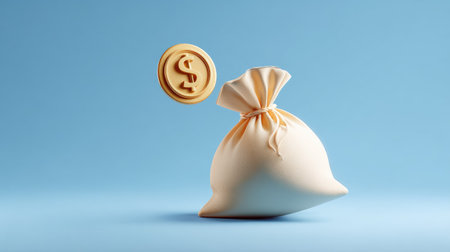 Minimal 3D cartoon illustration of a single money bag and floating dollar coin, soft gradients, symbol of savings and finance conceptの素材