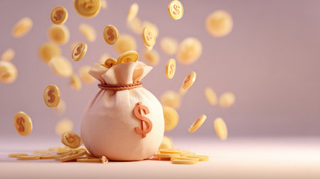 3D cartoon illustration of a money bag filled with gold coins and floating dollar signs, symbolizing wealth and savings. Bright colors, soft lighting, minimalist backgroundの素材