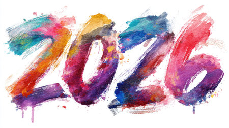 Artistic 2026 logo concept using watercolor brush strokes, colorful paint textures, and hand-lettered typography for creative New Year themeの素材