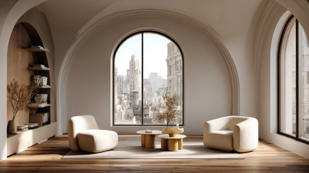 Modern minimalist interior with arched window design, warm wooden floor, elegant neutral tones, and stylish furniture bathed in soft daylightの素材