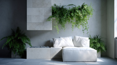 Explore a serene modern living room featuring lush greenery and minimalist design for a calming indoor atmosphere.の素材
