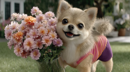 A cheerful Chihuahua poses with flowers in a sunny garden capturing a moment of joy and cuteness.の素材