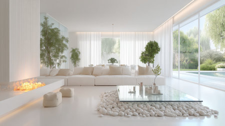 A bright minimalistic living room featuring a serene design with natural elements and a cozy atmosphere.の素材