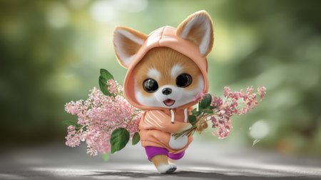 A delightful dog in a hoodie carries flowers capturing a joyful moment in a sunlit park.の素材