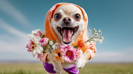 A cheerful Chihuahua holds flowers in its mouth showcasing a playful spirit in a vibrant outdoor setting perfect for pet enthusiasts.の素材