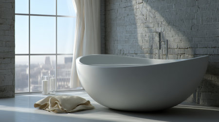 A tranquil modern bathroom setting featuring a sleek bathtub and city skyline for a peaceful retreat.の素材