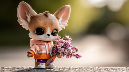 A cute doll with big eyes and flowers stands in a sunlit park embodying charm and playfulness.の素材