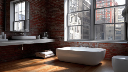 Experience the elegance of a modern bathroom with natural light and urban charm perfect for relaxation.の素材
