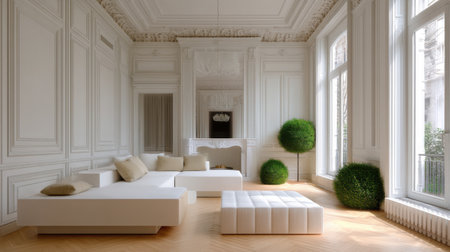 A stylish modern living room showcasing sleek furniture and natural light in an urban setting.の素材