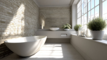 A serene bathroom featuring natural light and minimalist design creates a peaceful retreat in any modern home.の素材