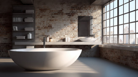 Explore a chic urban bathroom featuring a sleek tub and industrial design elements.の素材