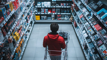 Shopping experience in electronics store aisle overview consumer behavior indoor elevated angle retail trendsの素材