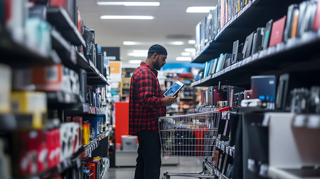 Shopping for electronics a man in a store aisle retail environment modern technology focused viewpointの素材