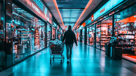 Shopping experience at modern retail center urban setting action scene daytime candid perspectiveの素材