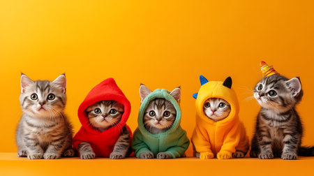 Playful kittens in colorful hoodies cute scene indoor vibrant colors adorable petsの素材