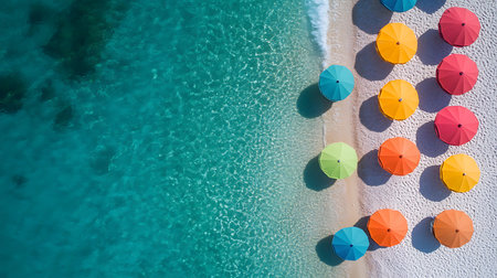 Colorful beach umbrellas tropical shoreline aerial view serene ocean environment tranquil concept for relaxationの素材