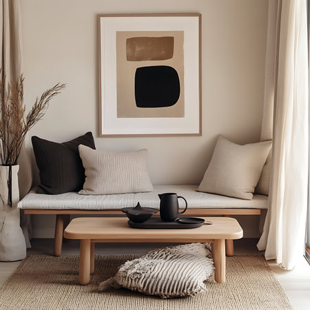 A stylish modern living room featuring minimalist furniture and soothing colors creating a cozy retreat.の素材