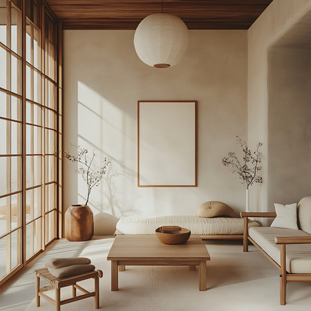 A tranquil living space featuring natural elements and soft lighting for a minimalist aesthetic.の素材