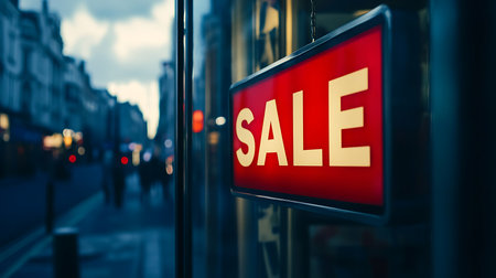 A vibrant storefront showcases a bold sale sign enticing shoppers with a great deal.の素材