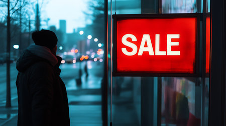 A shopper eagerly awaits a sale highlighting urban excitement and evening vibrancy.の素材