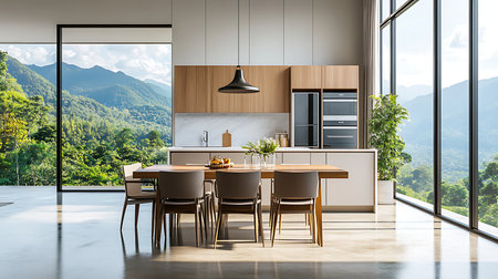 Experience a modern kitchen with a stunning mountain view perfect for dining and relaxation.の素材