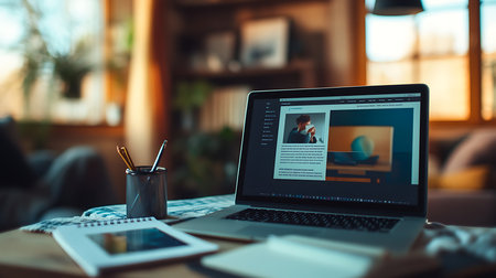 A cozy home office scene featuring a laptop inspiring creativity and productivity.の素材