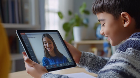 A young boy enjoys a virtual class showcasing the future of online education.の素材