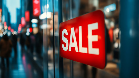 A vibrant SALE sign brightens the bustling downtown shopping scene during the evening rush.の素材