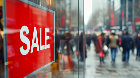 A vibrant sale sign attracts consumers in a bustling downtown area showcasing the excitement of shopping.の素材