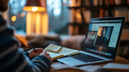 Engaging in a virtual learning session at home combining productivity and comfort.の素材