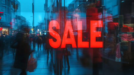 A vibrant city street bustling with shoppers during a sale event illuminated in the evening.の素材