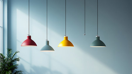 Explore a stunning array of colorful pendant lights enhancing a modern home setting.の素材