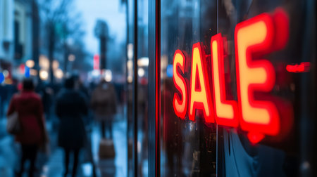 A vibrant sale draws crowds in the bustling downtown shopping area creating a lively night scene.の素材