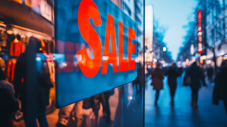 Shoppers flock to a vibrant urban street enticed by a massive sale sign as evening falls.の素材