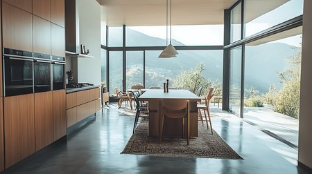 A sleek modern kitchen space seamlessly blends indoor and outdoor views inviting tranquility and style.の素材