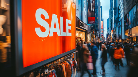 Shoppers flock to Times Square for exciting sales creating a lively urban atmosphere.の素材