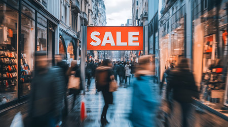 A bustling city street filled with shoppers during a vibrant sale event showcasing urban lifestyle.の素材