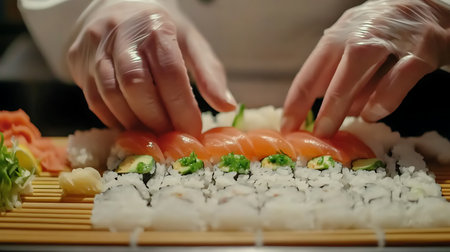 A chef skillfully prepares sushi showcasing the art of culinary craftsmanship in a vibrant kitchen.の素材