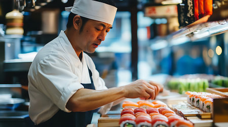 A talented chef meticulously prepares sushi in an urban restaurant showcasing culinary artistry.の素材