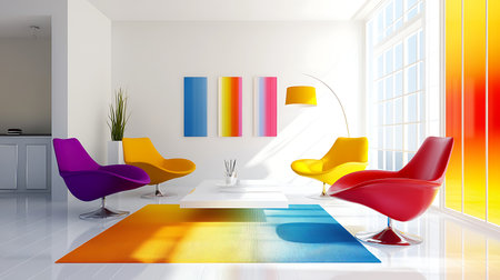 A vibrant and modern living room featuring colorful chairs and art that inspires creativity.の素材