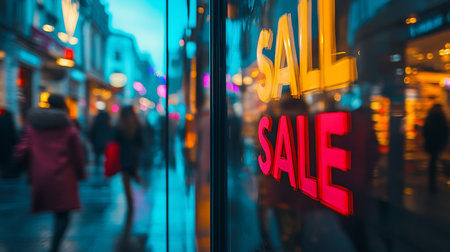 A bustling urban scene showcasing a vibrant sale sign capturing the excitement of shoppers.の素材