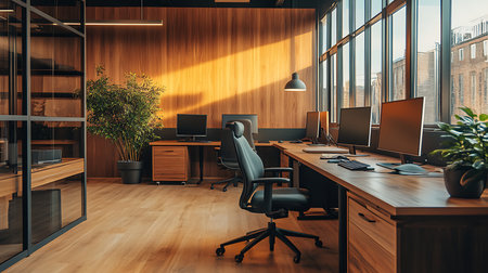 Explore a stylish modern office design featuring natural light and sleek decor.の素材