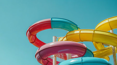 Experience exhilarating water slides in a vibrant amusement park under a clear blue sky.の素材