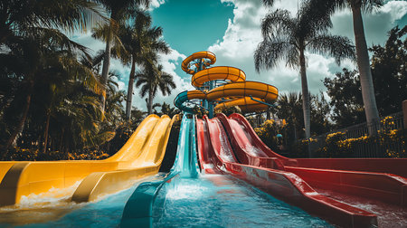 Explore a thrilling water slide adventure at a vibrant fun park surrounded by lush greenery.の素材